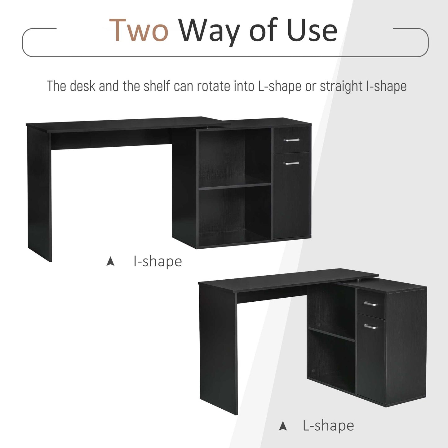 L Shaped Computer Desk, 180° Rotating Corner Desk with Storage Shelves, Drawer and Cabinet, Study Workstation for Home Office, Black
