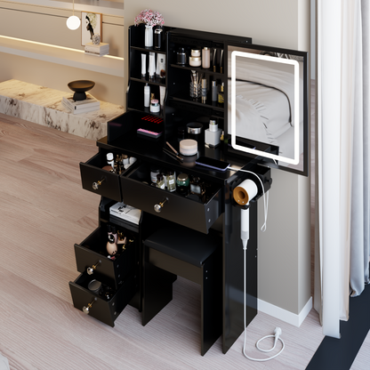 29.2 Small Size Drawer Desktop Vanity Table  Cushioned Stool, 2 AC-2 USB Power Station, Hair Dryer Bracket, Extra Large Touch Control Sliding LED Mirror, 3-color Switching, EPA, GCC, UL Certificate