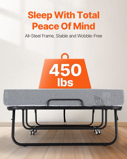 Rollaway Bed, 38 In X 75 In Folding Bed With 5 In Mattress, Twin Size Foldable Bed With Sturdy Metal Frame & Memory Foam Mattress, Portable Twin Roll Away Bed With Mattress, For Adults, Guest
