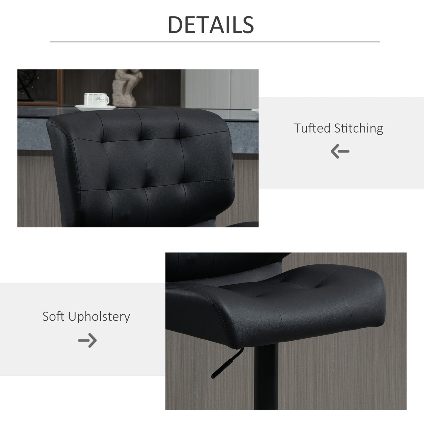 Bar Height Bar Stools Set of 2 with Adjustable Seat, Adjustable Swivel Barstools with Thick Padded Cushion and Metal Footrest for Home Bar, Black