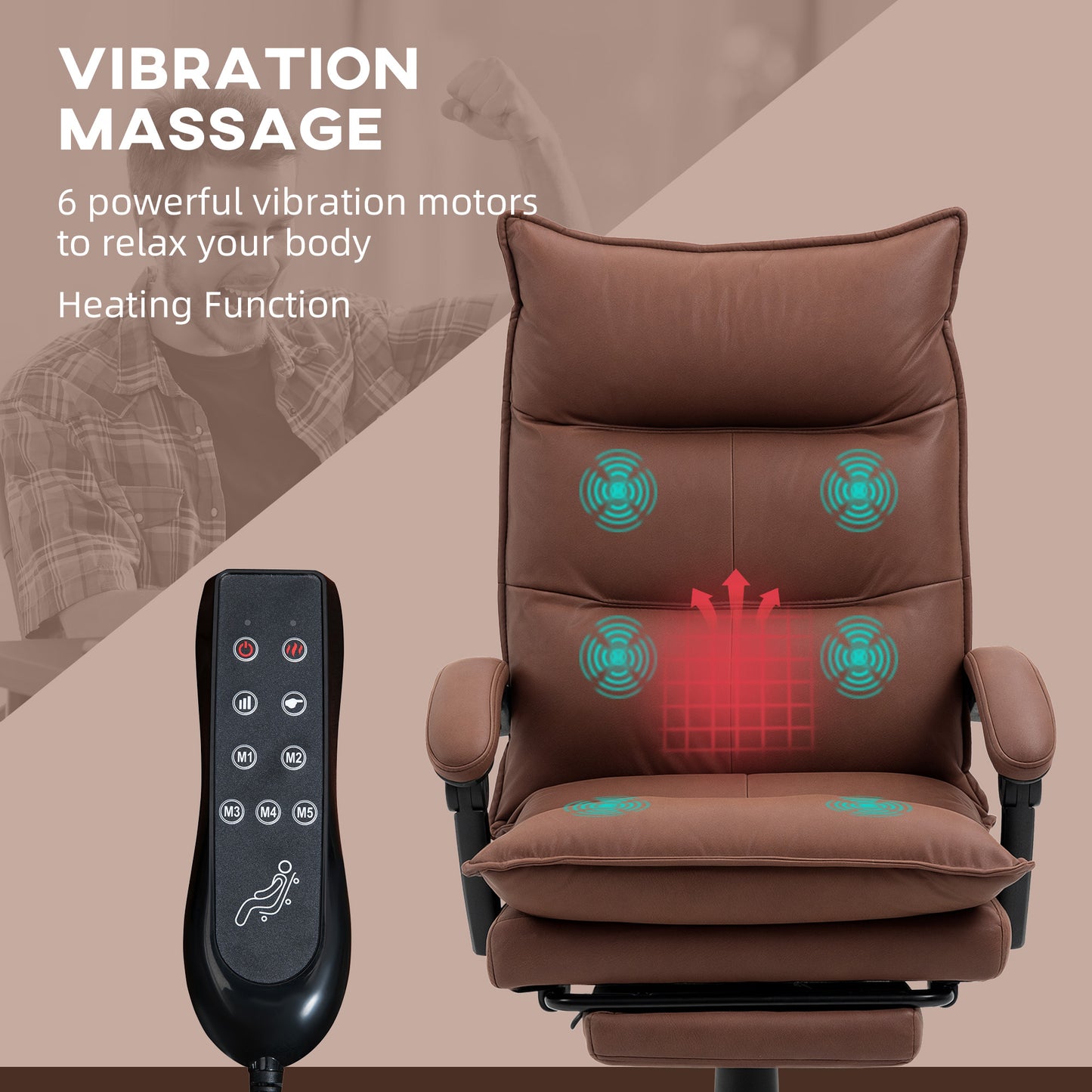 Executive Massage Office Chair with 6 Vibration Points, Microfiber Computer Desk Chair, Heated Reclining Chair with Footrest, Armrest, Double Padding, Brown