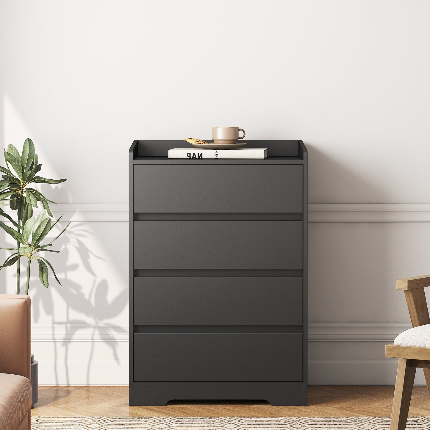 4 Drawer Dresser, Chest Of Drawers Without Handle,Black Dresser For Bedroom Waterproof, Modern Wooden Cabinet With Sturdy Frame For Living Room, Entryway, Bedroom, Hallway, Office