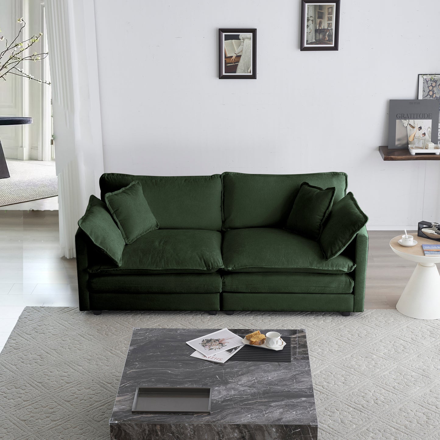 2 Seater Loveseat And Chair Set, 2 Piece Sofa & Chair Set, Loveseat And Accent Chair , 2-Piece Upholstered Chenille Sofa Living Room Couch Furniture 1-2 Seat  ,Green Chenille
