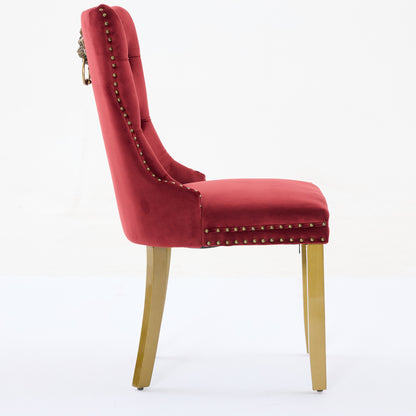 Mid-Century Modern Chairs With Lion Head Pull Ring,High-end Tufted Solid Wood Contemporary Velvet Upholstered Dining Chair With Golden Wooden Legs Nailhead Trim 2-Pcs Set,Wine Red,SW1201WR