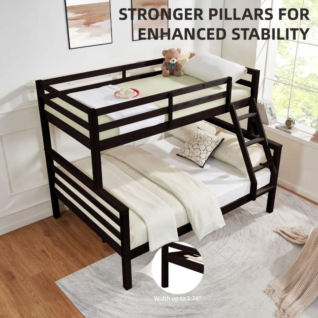 Twin Over Full Bunk Bed With Thick Posts,Wooden Bunk Bed With High Guardrail And Ladder For Kids, Teens, Dorm Rooms, And Guest Rooms,No Box Spring Needed,Espresso