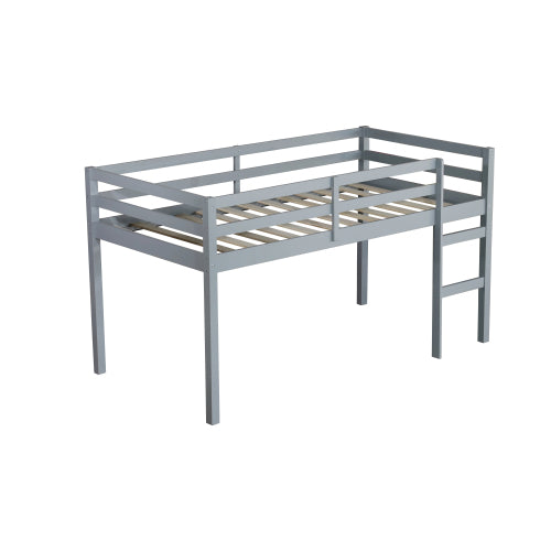 Solid Wooden, Rubber Wooden Twin Loft Bed With Ladder, Bed Platform Of Strengthened Slats , Grey