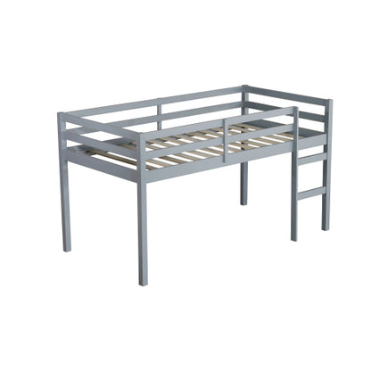 Solid Wooden, Rubber Wooden Twin Loft Bed With Ladder, Bed Platform Of Strengthened Slats , Grey