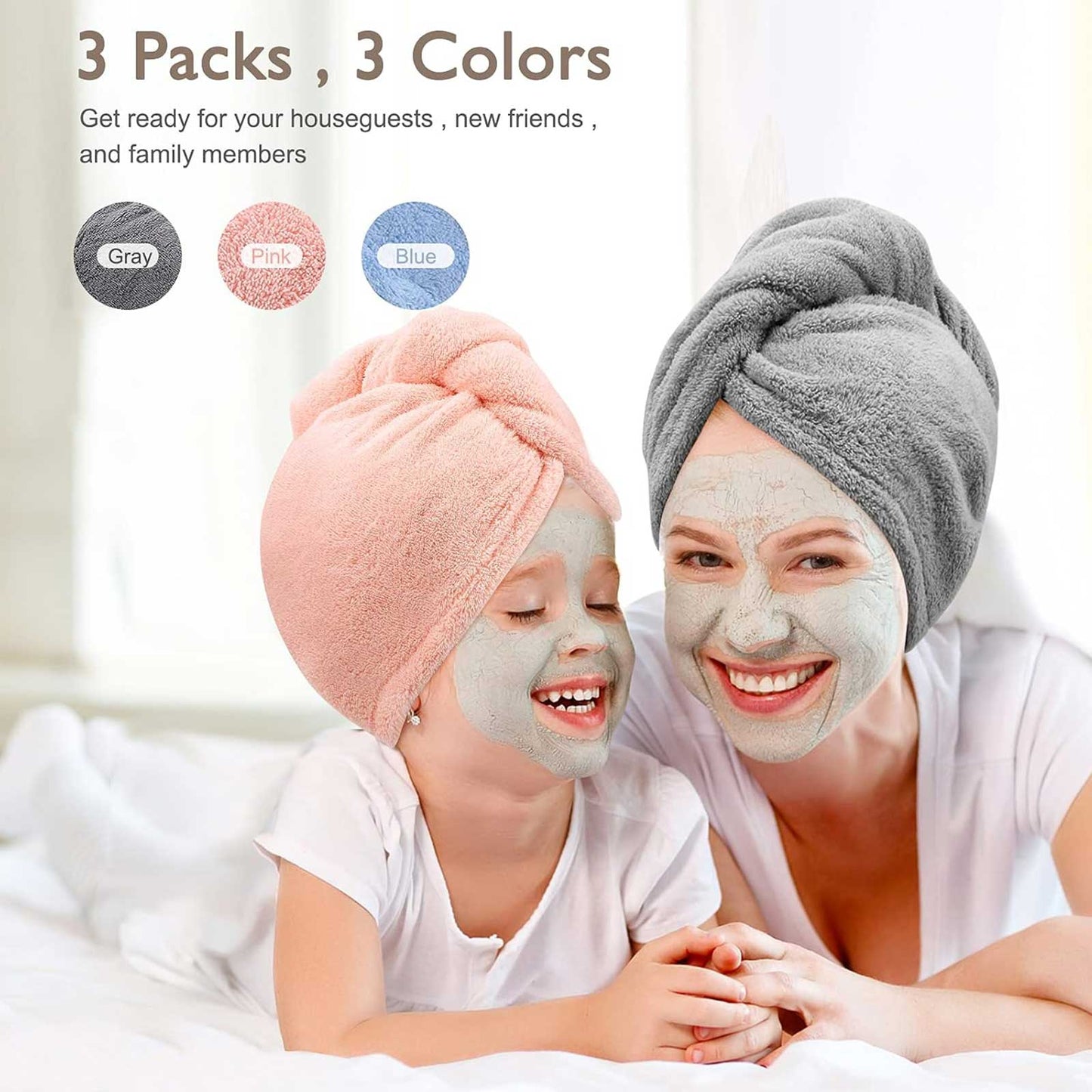 Women 3 PC Microfiber Hair Towel Wrap Ultra Absorbent Hair Turbans For Curly, Long & Thick Hair Blue,Grey,Pink