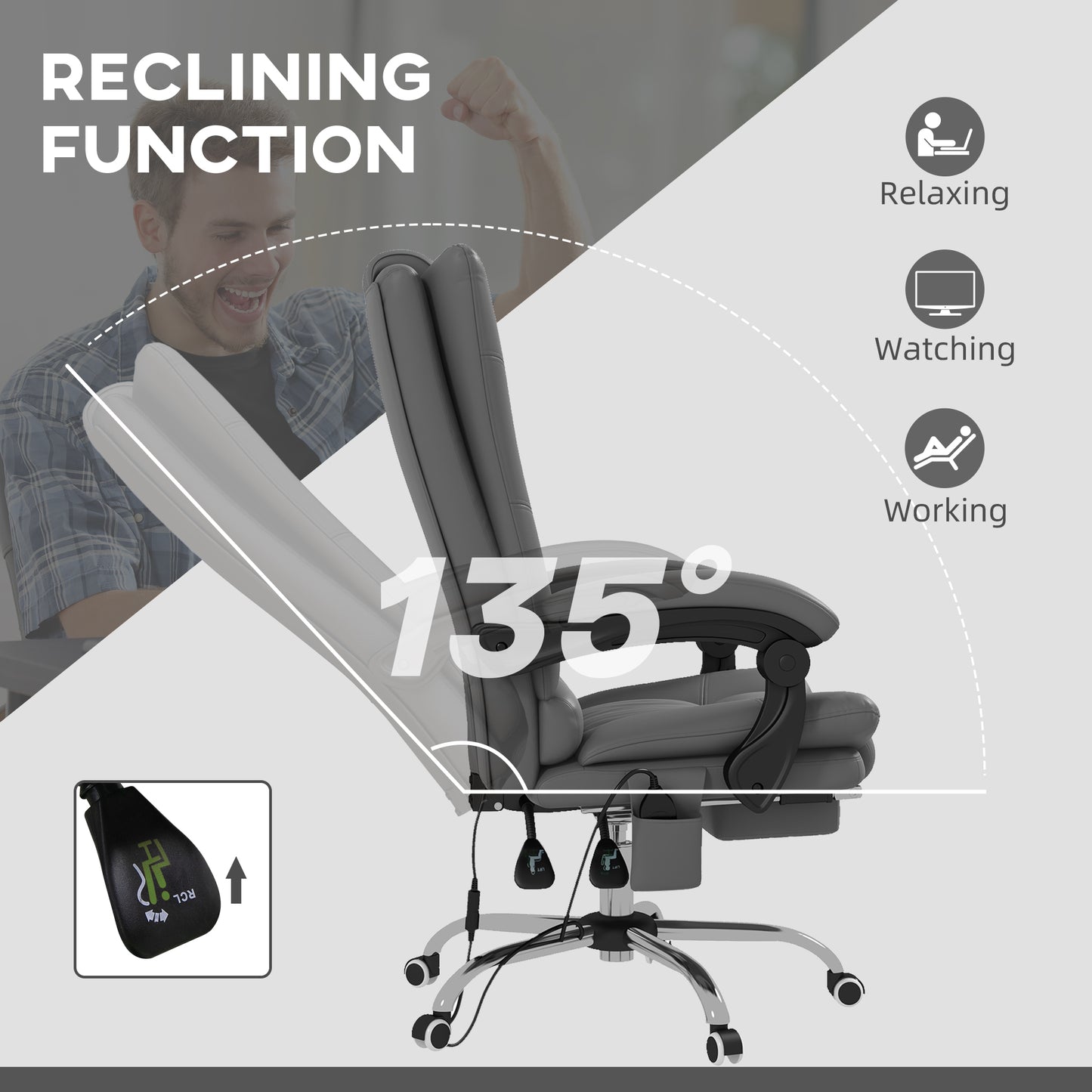 PU Leather Executive Massage Office Chair with 4 Vibration, Computer Desk Chair, Heated Reclining Chair with Adjustable Height, Swivel Wheels, Gray