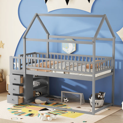 TWIN TWIN HOUSE BUNK BED WITH SHELVES AND DRAWERS FOR GREY COLOR