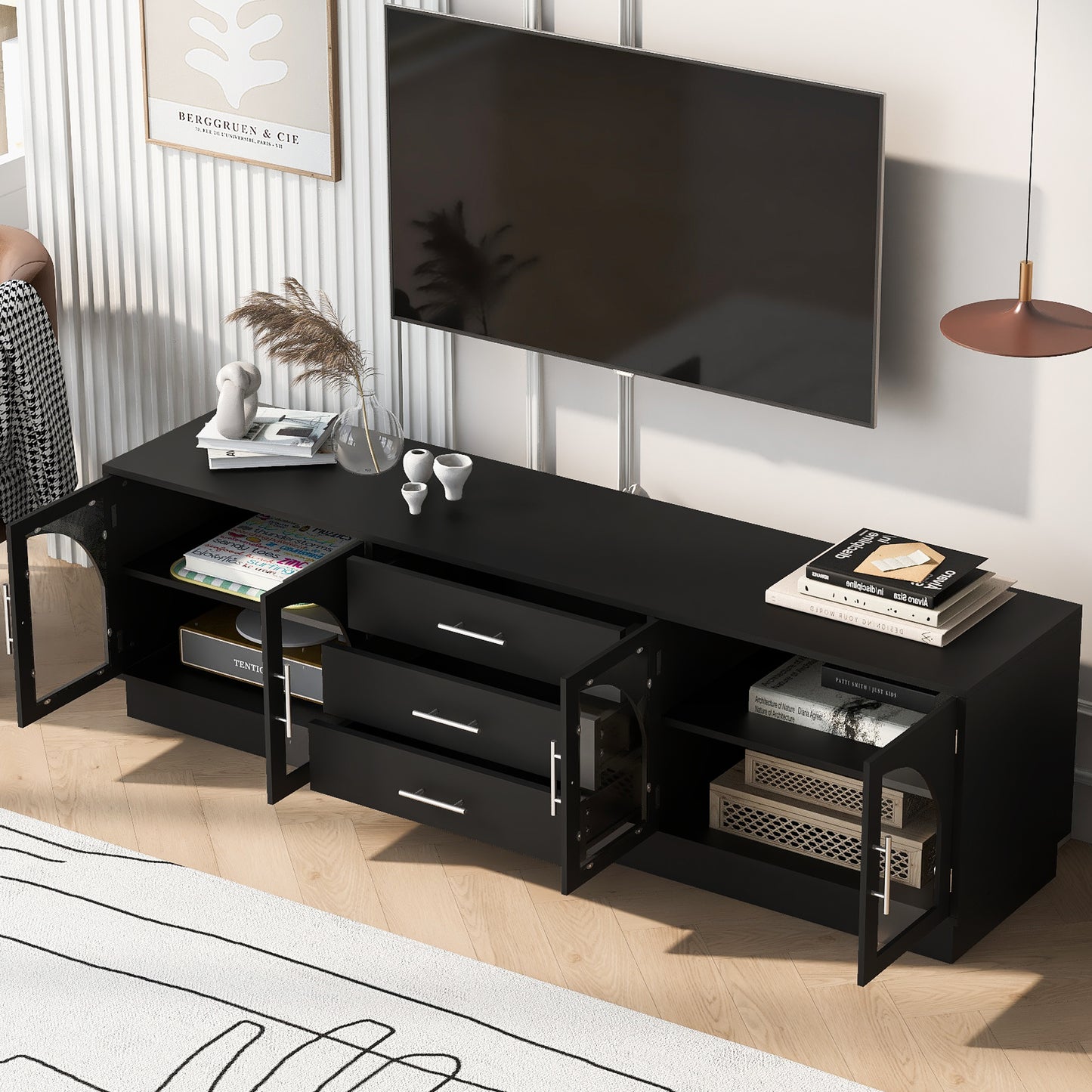 VIBE HAUS 68.9' Modern Minimalist TV Stand For TVs Up To 75 Inches, Entertainment Center Media Console Cabinet With Adjustable Shelves For Living Room