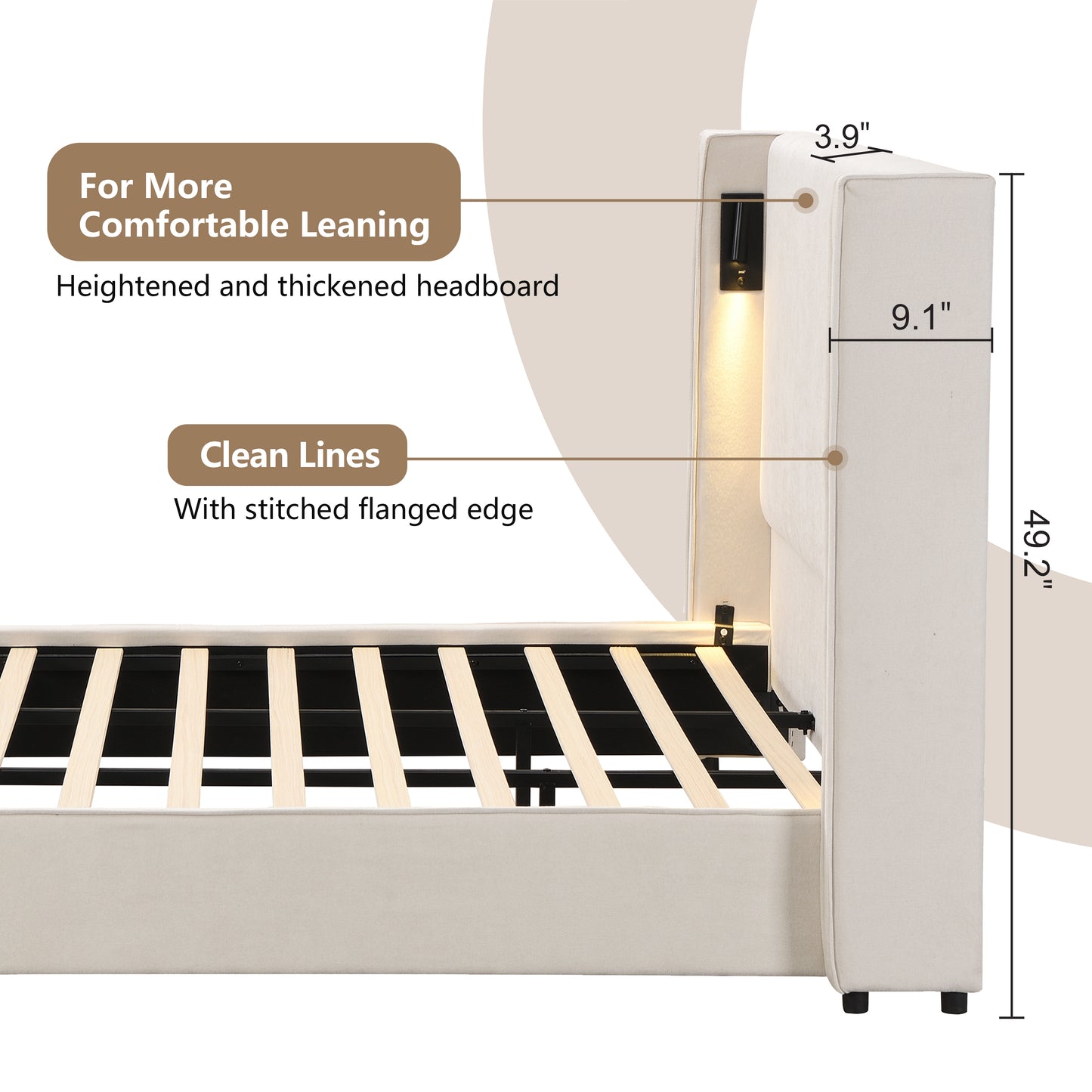 King Size Upholstered Bed Frame With High Wingback Headboard,Reading Lamp And USB Port,Beige