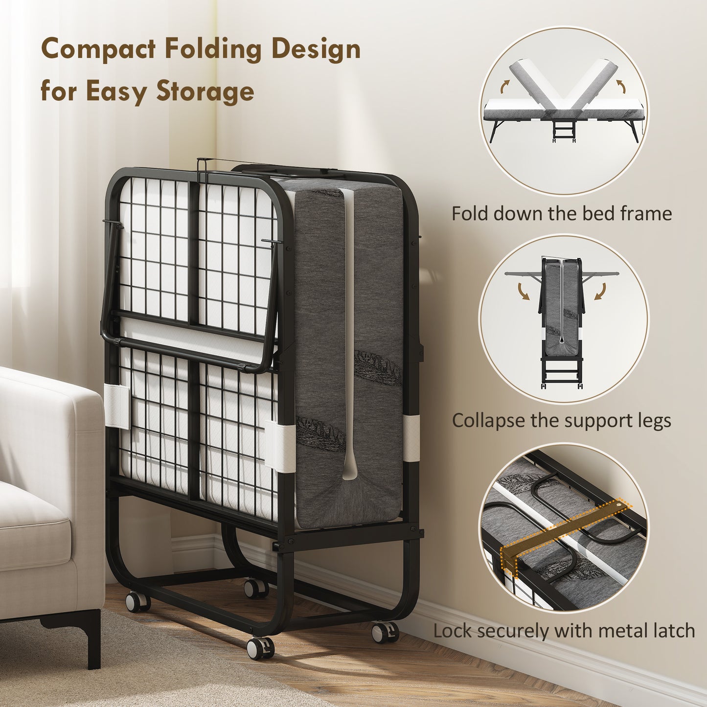 Folding Bed with Mattress for Adults, Single Size, Portable Foldable Bed with Memory Foam Mattress & Steel Frame, White