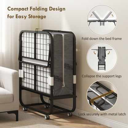 Folding Bed with Mattress for Adults, Single Size, Portable Foldable Bed with Memory Foam Mattress & Steel Frame, White