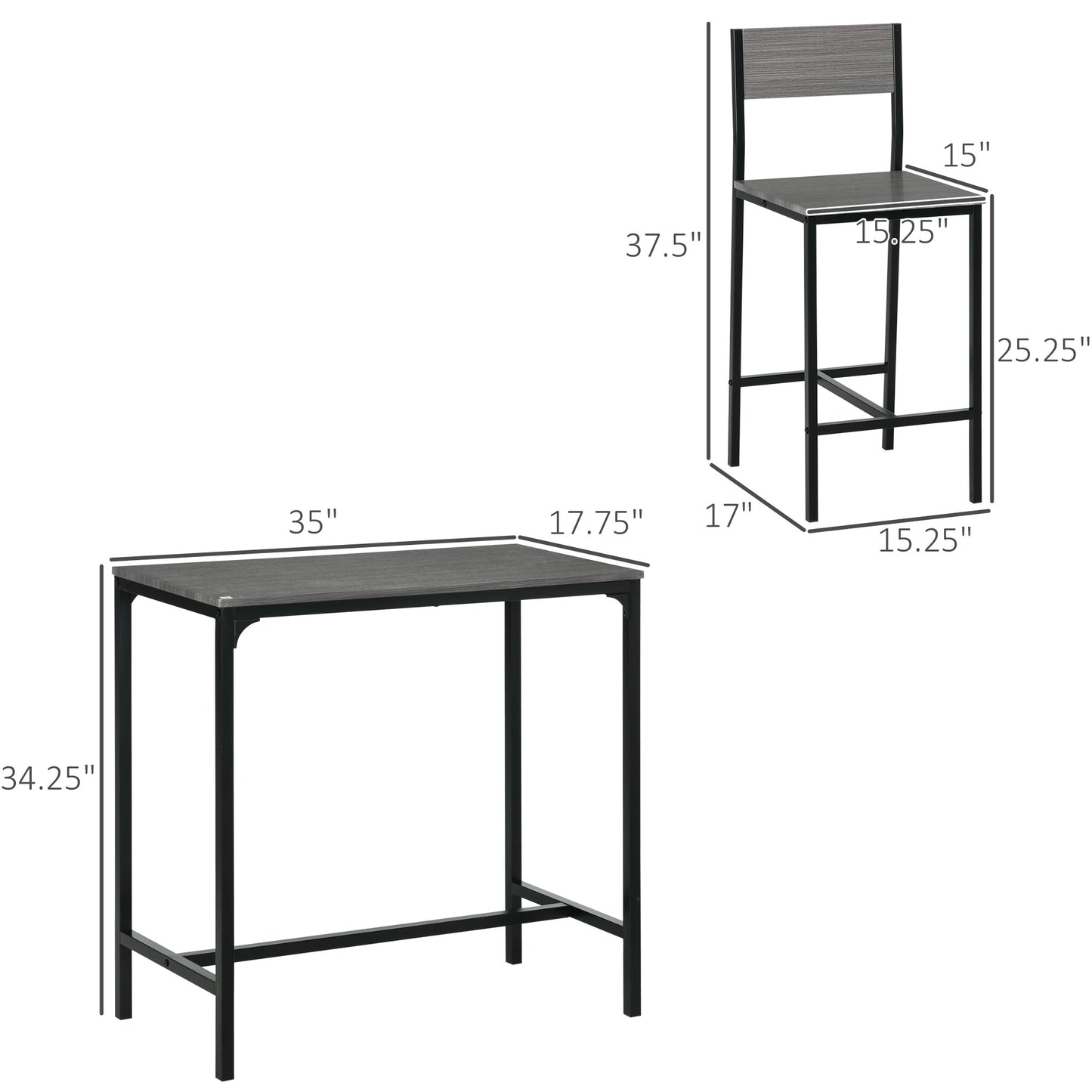 3 Piece Bar Table And Chairs, Industrial Dining Table Set For 2, Counter Height Kitchen Table With Bar Stools, Breakfast Table Set For 2 For Small Space, Gray