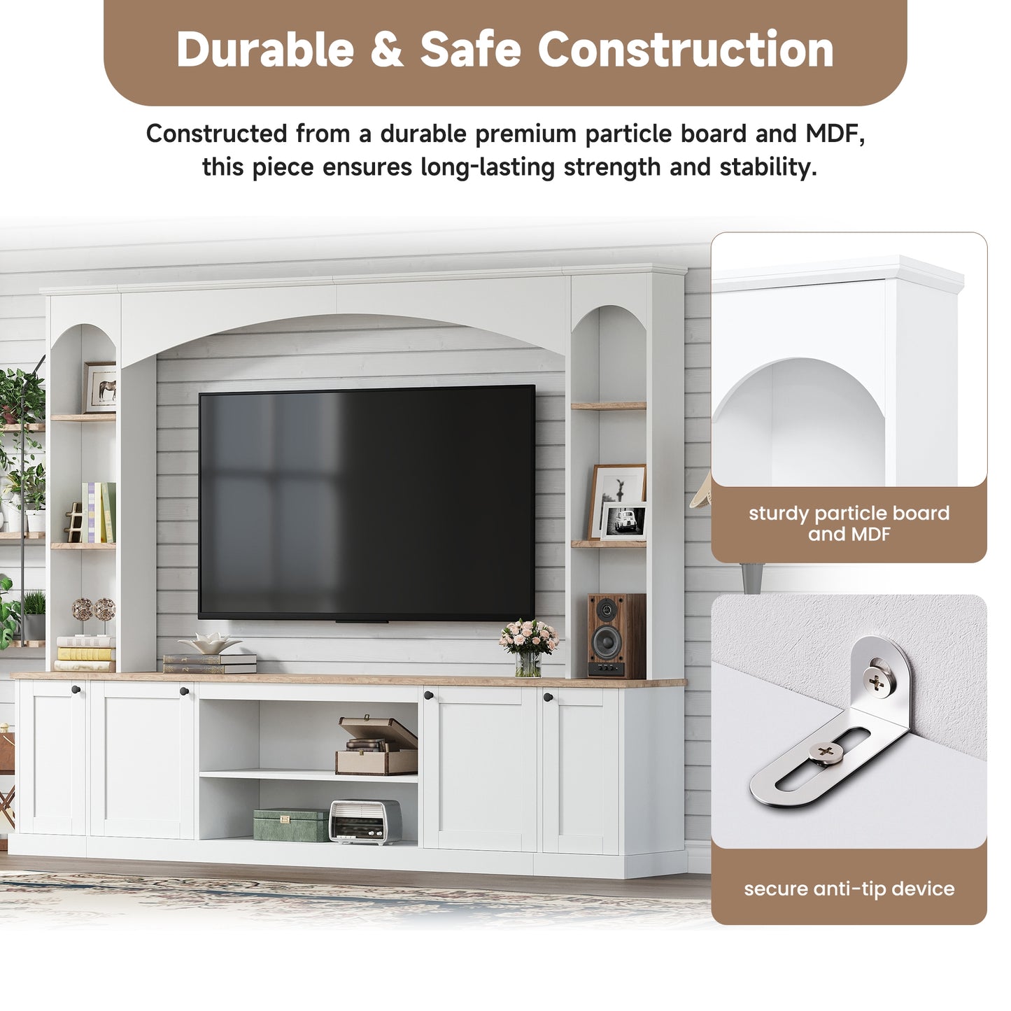Elegant Arched Entertainment Center Wall Unit With Bookshelf, Farmhouse Large TV Stand With Wood Grain For TVs Up To 70, 91inch Stylish Media Console With Adjustable Shelves For Living Room, White
