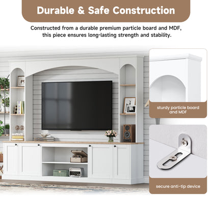Elegant Arched Entertainment Center Wall Unit With Bookshelf, Farmhouse Large TV Stand With Wood Grain For TVs Up To 70, 91inch Stylish Media Console With Adjustable Shelves For Living Room, White