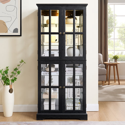 Curio Display Cabinet, Antique Display Cabinet With Glass Doors Adjustable Shelves For Collectibles Four Door Design Vintage Showcase For Home Or Office Antique Display Case E26 Bulb Included BLK