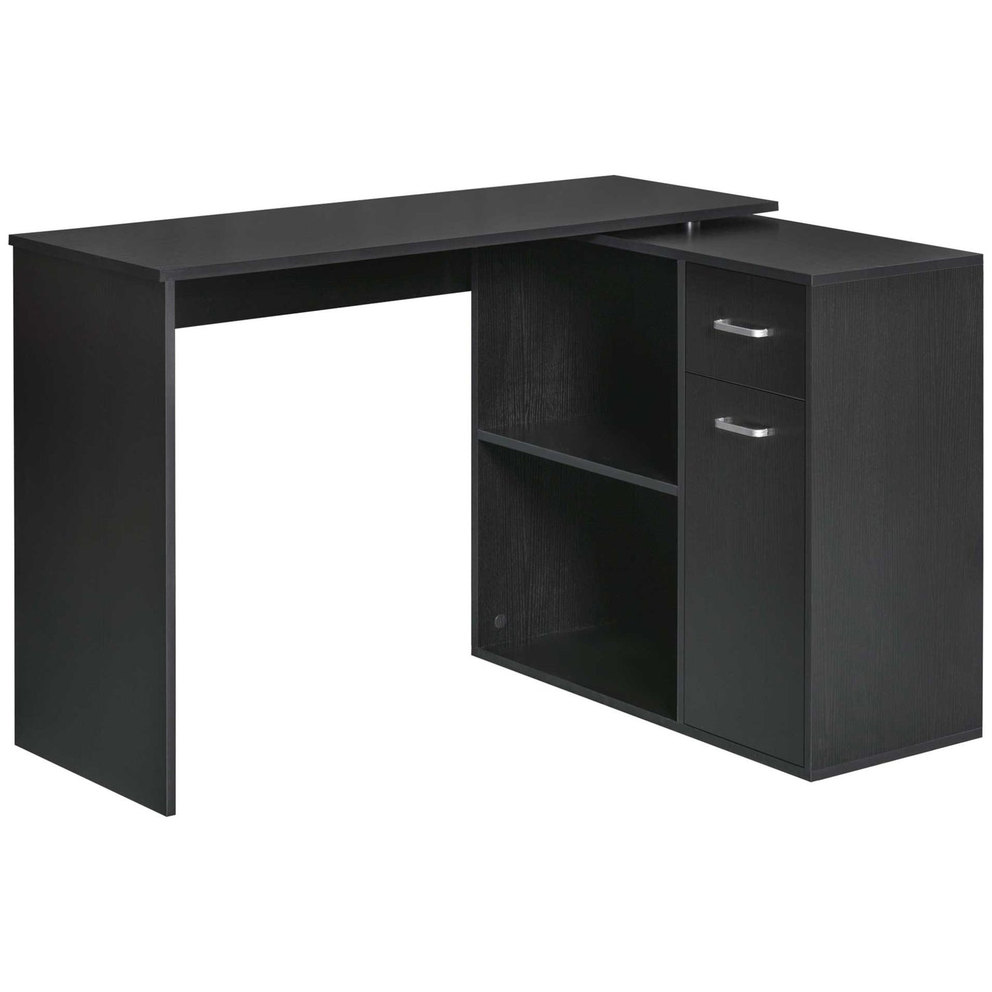 L Shaped Computer Desk, 180° Rotating Corner Desk with Storage Shelves, Drawer and Cabinet, Study Workstation for Home Office, Black