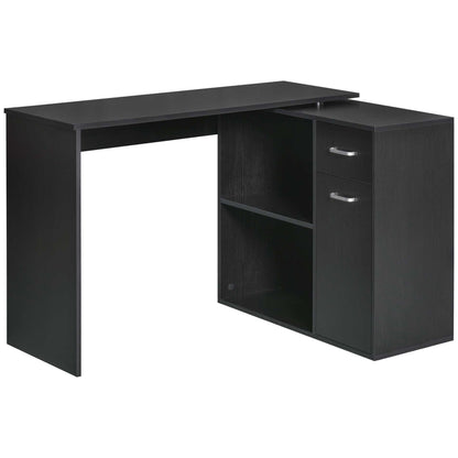 L Shaped Computer Desk, 180° Rotating Corner Desk with Storage Shelves, Drawer and Cabinet, Study Workstation for Home Office, Black