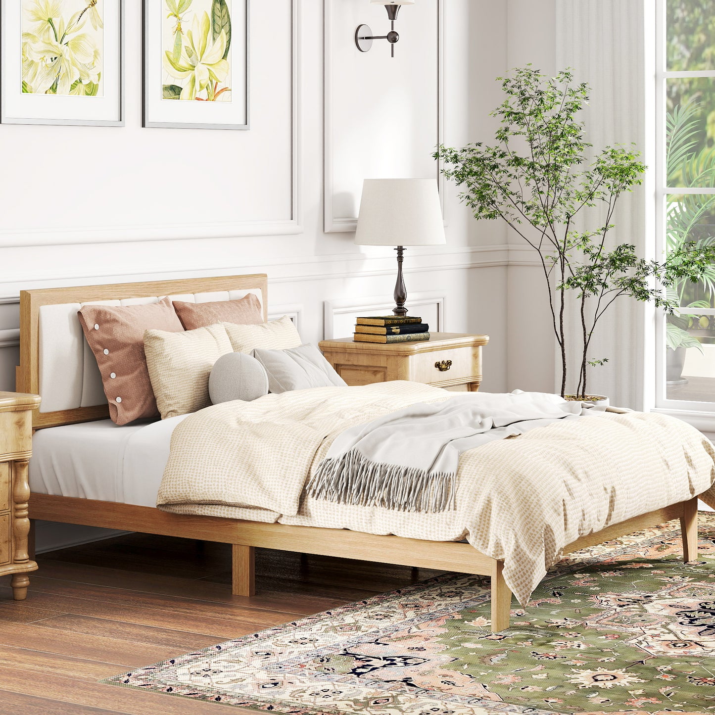 Full Bed Frame with Headboard Full Size Platform Bed Frame with Wooden Slats No Box Spring Needed Easy Assembly Oak