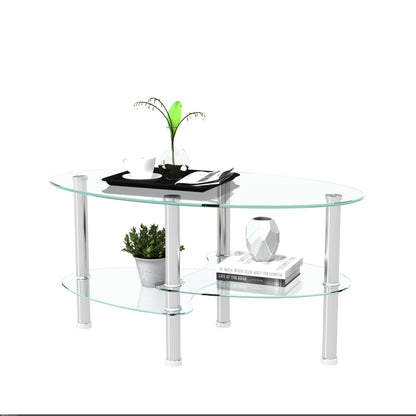Transparent Oval Glass Coffee Table, Modern Table With Stainless Steel  Leg, Tea Table 3-layer Glass Table For Living Room