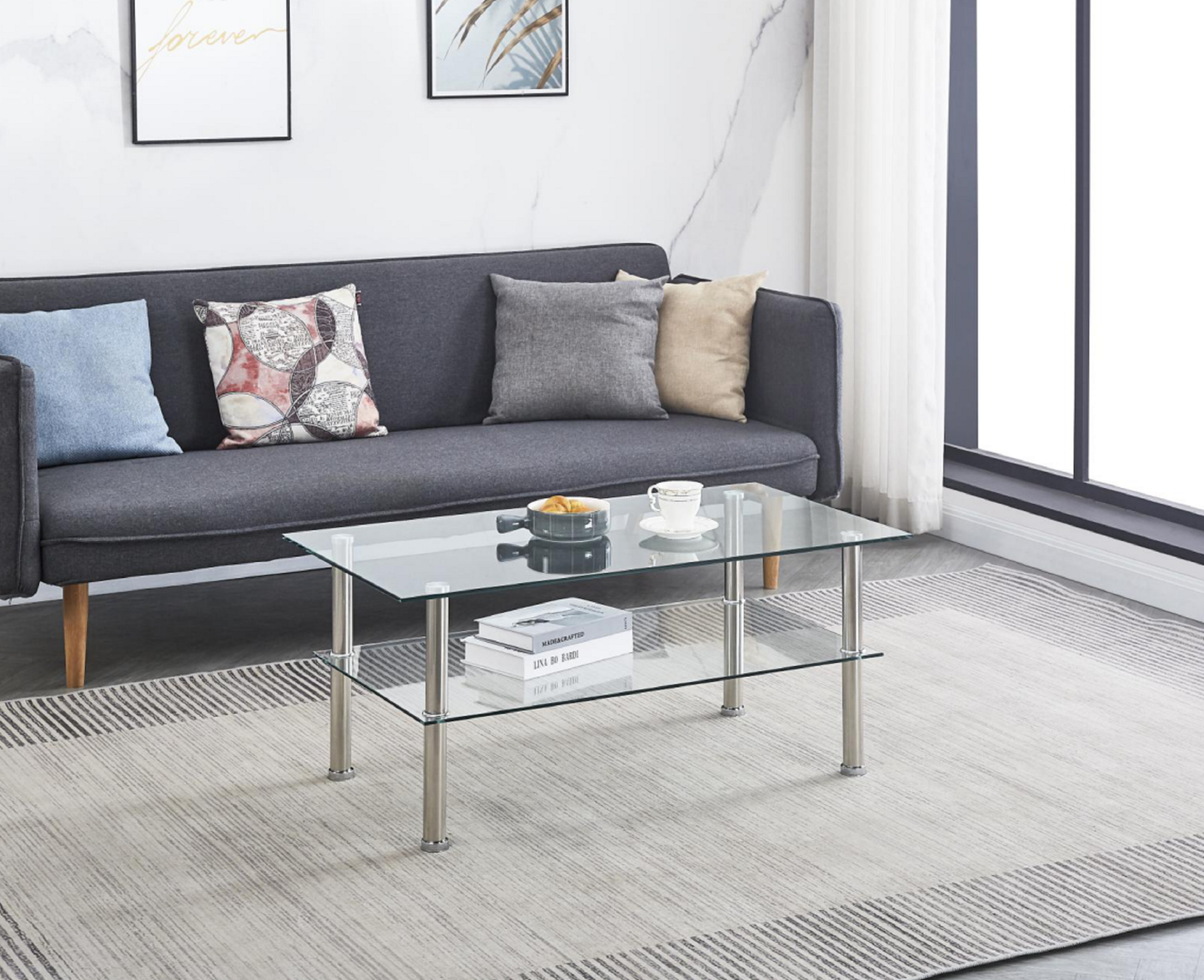 2-Layer Space Coffee Table ,Modern Sofa Table With Storage Shelve For Living Room