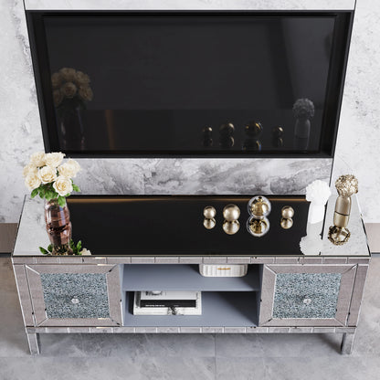 60 Mirrored TV Stand With Crushed Diamond Glass Doors - Modern Media Entertainment Center For Living Room, Adjustable Storage TV Console Table For 65-Inch TV