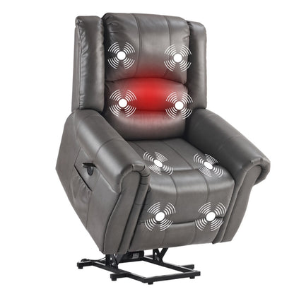 Power Lift Recliner Chair With Massage & Heat, Single Motor Lift Chair, Breathable PU Faux Leather, USB  Type-C, Side Pockets, Grey