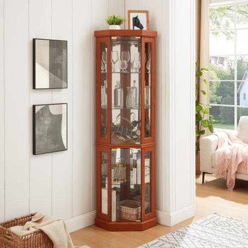 Corner Glass Cabinet Lighted Curio Cabinet Corner Display Case For Living Room, Curio Cabinet, Antique Collection, Wine,Bar Glass Storage Light Included,Dark Cherry