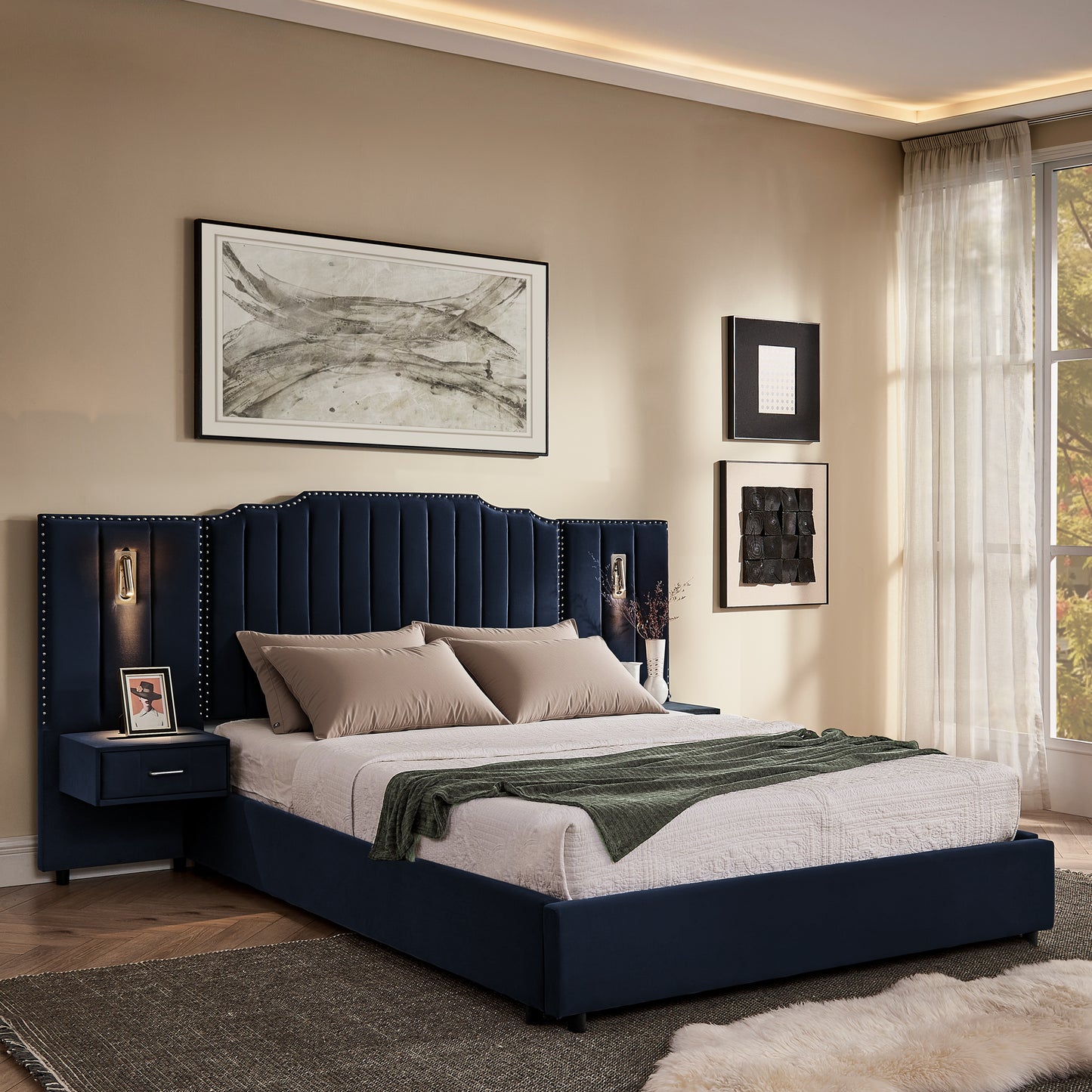 Queen Size Upholstered Bed Frame With Velvet Fabric, Vertical Stripe Design With Buttons Around  Platform Bed With Headboard, Solid Frame & Bedside Table - No Box Spring Needed-Dark Blue