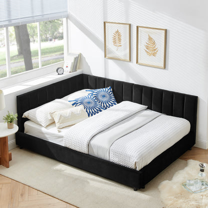 Full Size Upholstered Tufted Bed Frame, Sofa Bed Frame With Comfortable Backrest And Armrests, Full Size Bed For Bedroom, Living Room,Velvet-Black 81x60x29.5