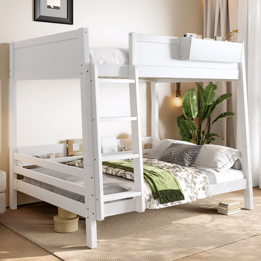 Full Bunk Bed With  Storage Shelf And Bookshelf,Wood Bunk Bed With Ladder And Guardrails,Detachable Design,White