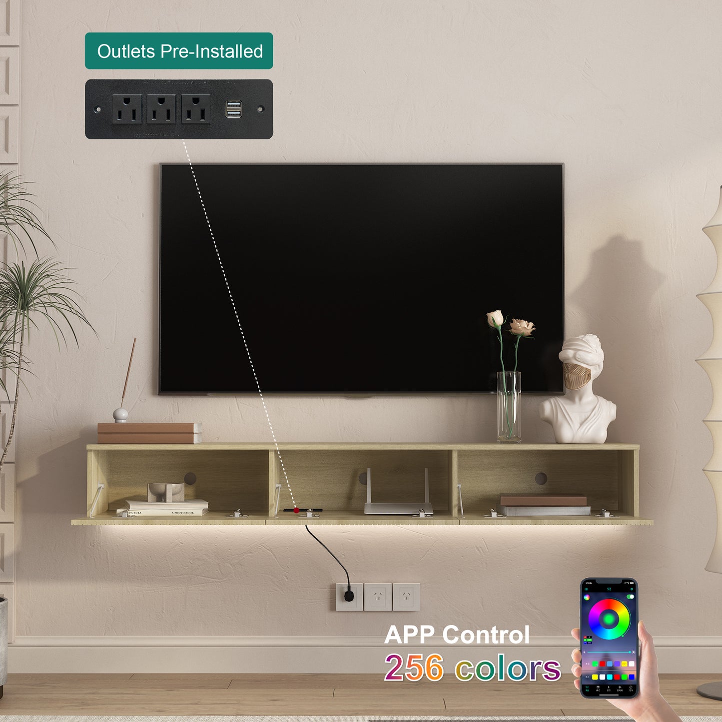 Floating TV Stand Wall Mounted With 16 Color LEDs,65inch Modern TV Stand, Floating TV Cabinet Entertainment Center For 55 60 65 Inch TV