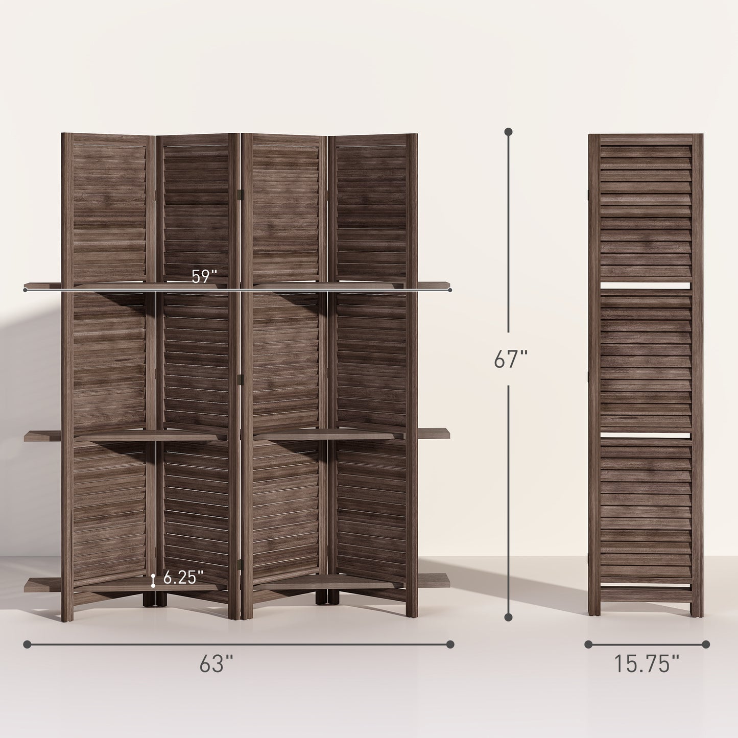 4 Panel 67" Tall Wood Privacy Screen Room Divider with 3 Shelves and Folding Storage for Bedroom, Walnut