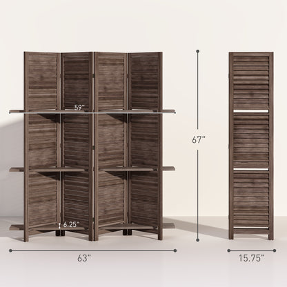4 Panel 67" Tall Wood Privacy Screen Room Divider with 3 Shelves and Folding Storage for Bedroom, Walnut