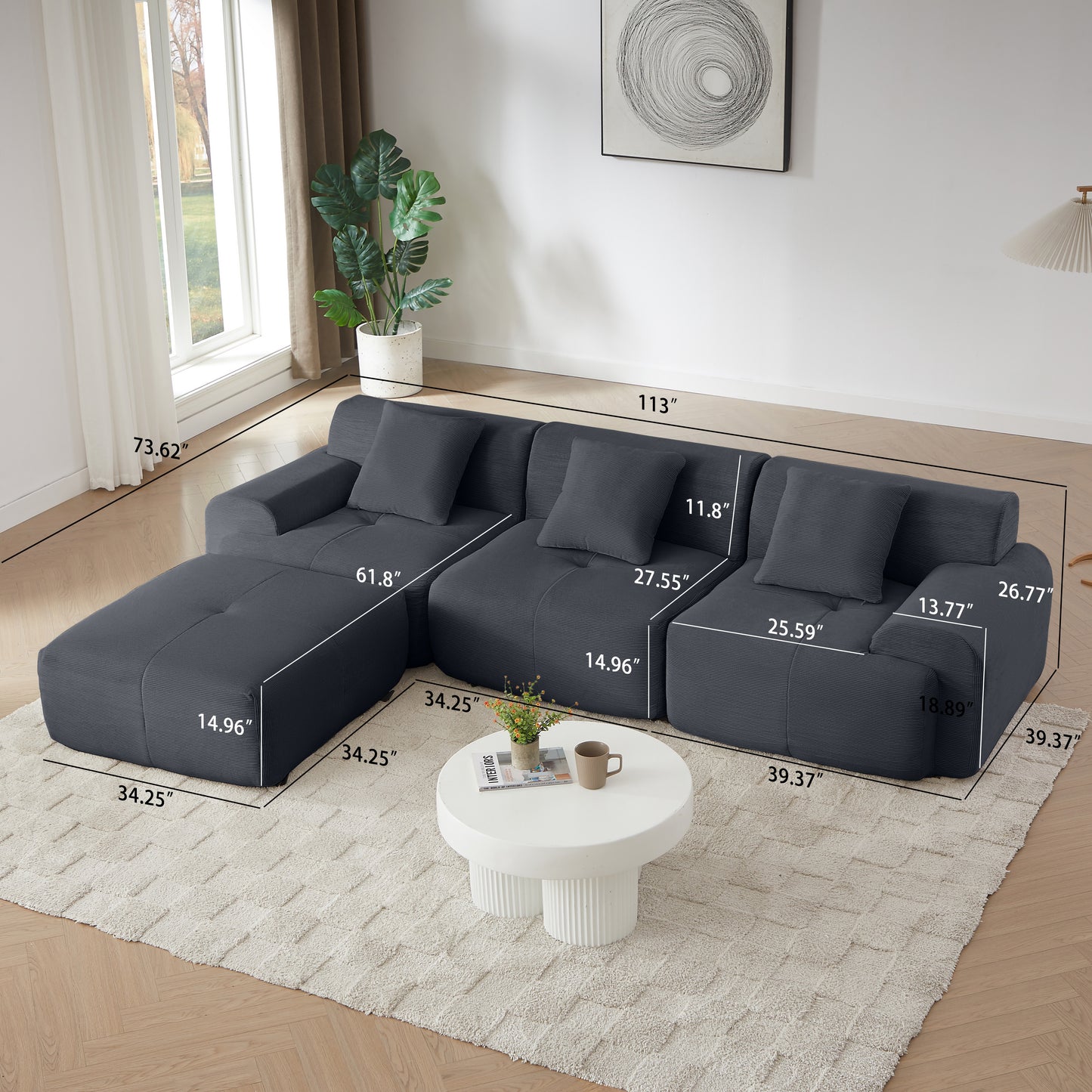 113 Modern L-Shaped Modular Sectional Sofa For Living Room, Corduroy Upholstery Dark Gray, Oversized 3-Seater Couch With Deep Seat And Movable Ottoman No Assembly