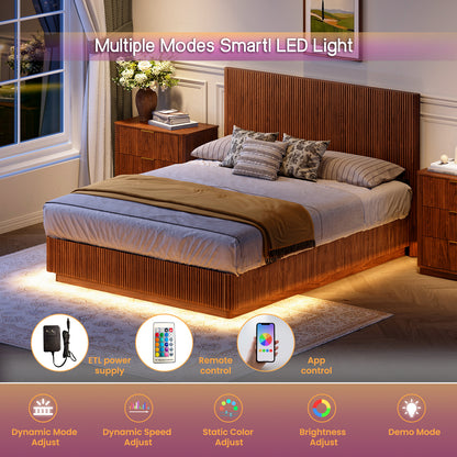 Queen Size Bed Frame With LED Lights, Modern Wooden Corrugated Curved Lines, Convex Groove Board Design, Walnut.