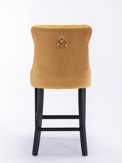 Contemporary Velvet Upholstered Barstools With Button Tufted Decoration And Wooden Legs, And Chrome Nailhead Trim, Leisure Style Bar Chairs,Bar Stools, Set Of 2 Golden,SW2002GL