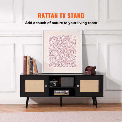 Rattan TV Stand, Boho TV Cabinet For 55 Inch TV, Mid Century Modern TV Stand, Rattan TV Console With Adjustable Shelfs For  Living Room, Media Room, Black