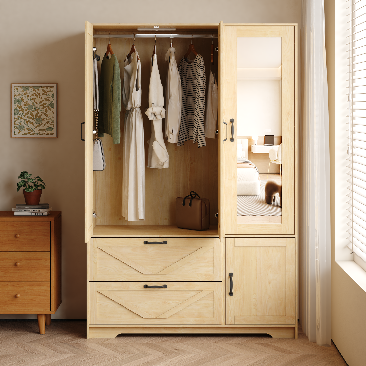 4 Doors Wardrobe Closet With Mirror, LED Wardrobe With Doors And 2 Drawers, Wooden Wardrobe Storage Cabinet With Hanging Rod, Adjustable Shelves, Natural