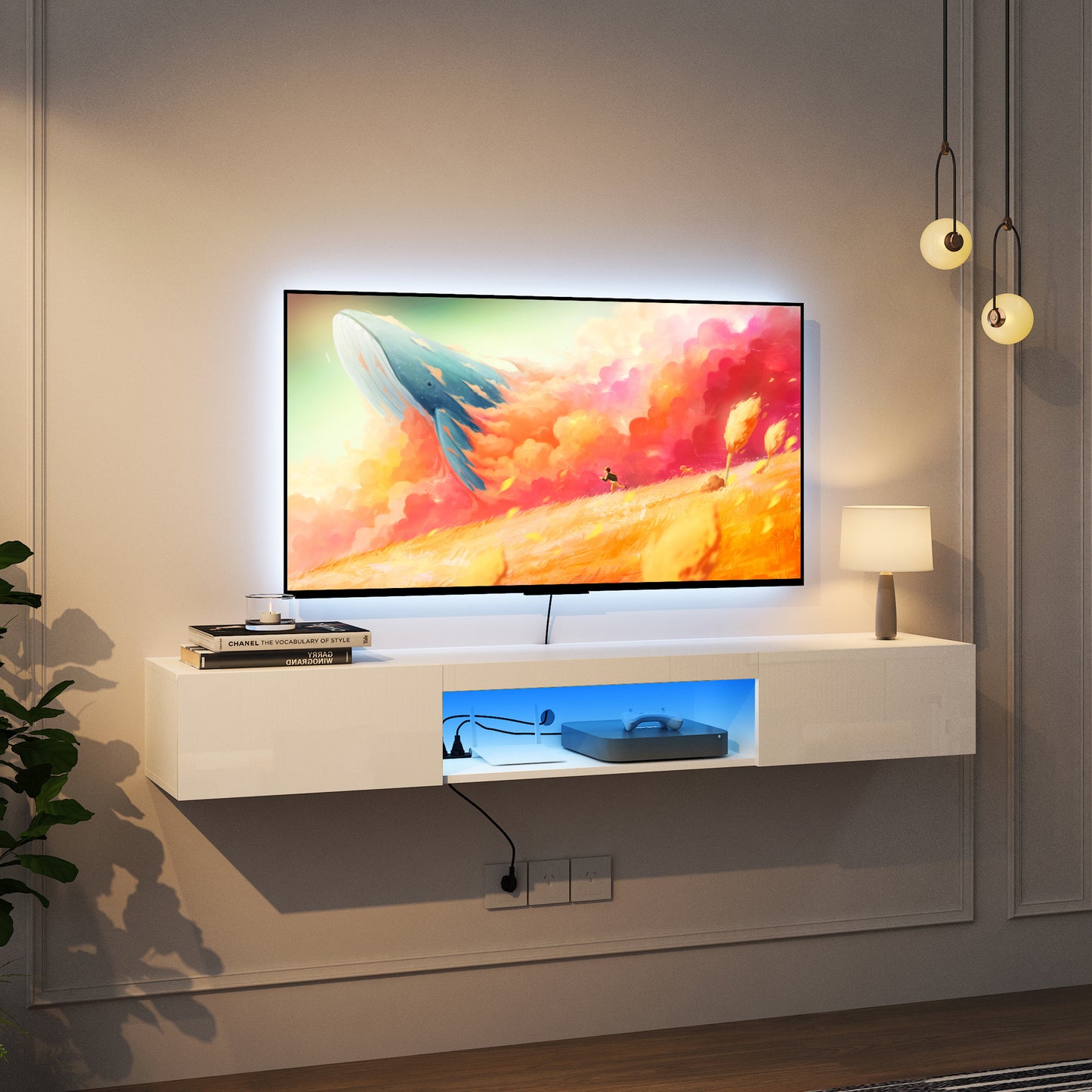 Floating TV Stand Wall Mounted With 16 Color LEDs, Modern TV Stand,Floating TV Cabinet Entertainment Center For 55 60 65 Inch TV,White