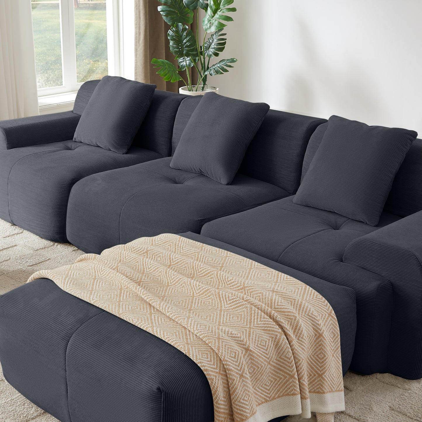 113 Modern L-Shaped Modular Sectional Sofa For Living Room, Corduroy Upholstery Dark Gray, Oversized 3-Seater Couch With Deep Seat And Movable Ottoman No Assembly