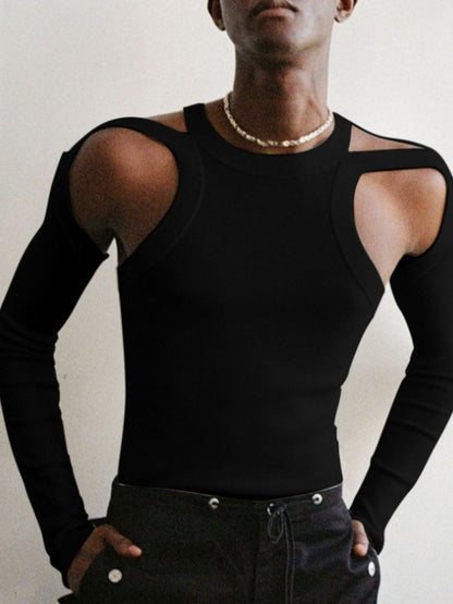 Men's Full Size Cutout Round Neck Long Sleeve Top Plus Size