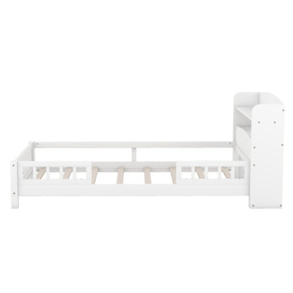 Wood Twin Size Platform Bed With Built-in LED Light, Storage Headboard And Guardrail, White