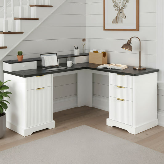 59 Modern Fluted L-Shaped Desk With Charging Station  Storage Cabinet - Home Office Computer Desk With Monitor Stand, File Drawer And Removable Support Shelf For Study, Home Office, White