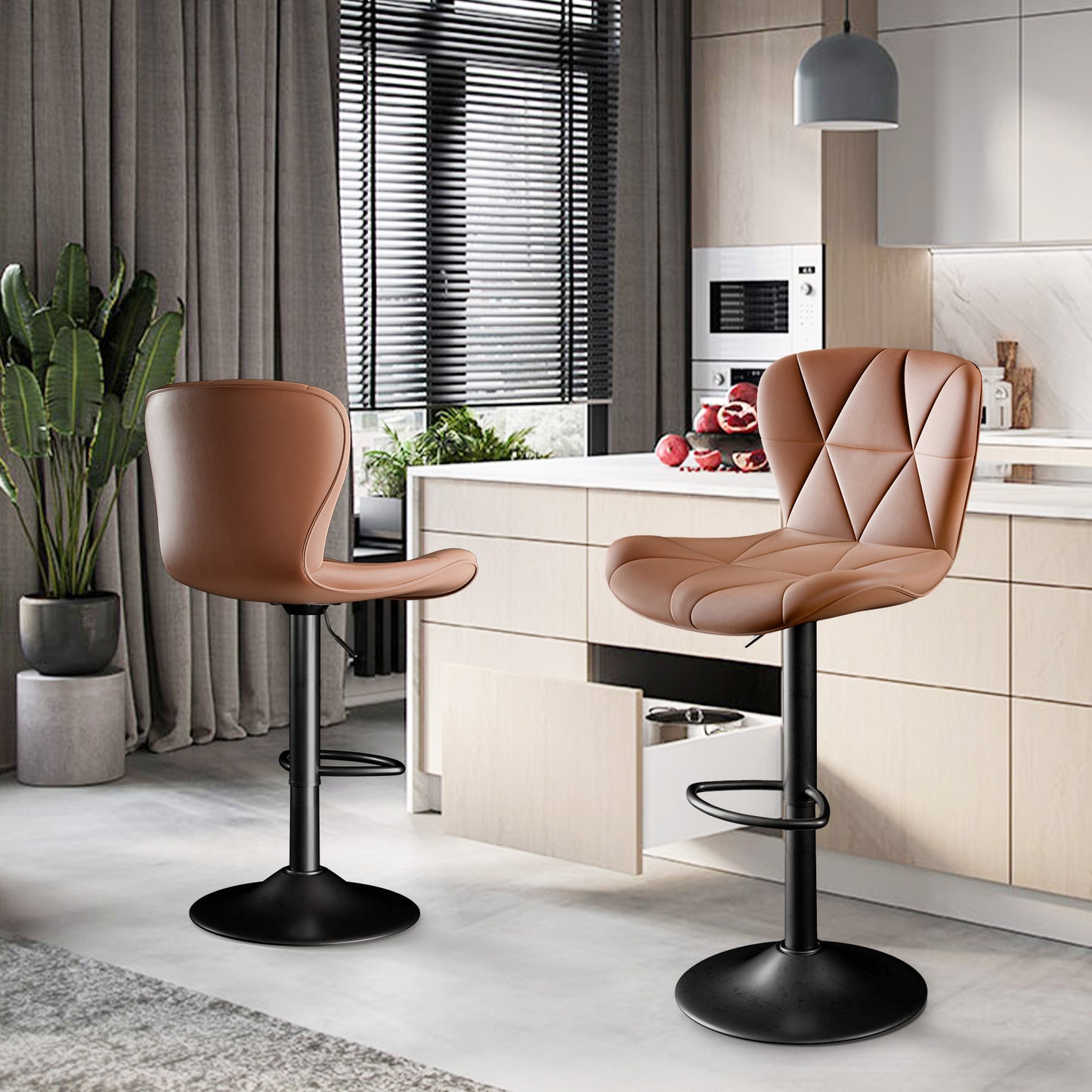 Modern Bar Stools Set Of 2, Adjustable Faux Leather Upholstered Swivel Bar Stools, Counter Height Bar Chairs With Back For Kitchen Island