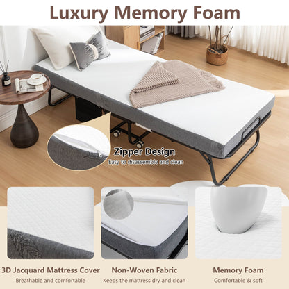 Folding Bed Cot With Mattress For Adults,  Foldable Metal Frame Bed For Guest With Memory Foam Mattress On Wheels, Saving Space Rollaway Bed