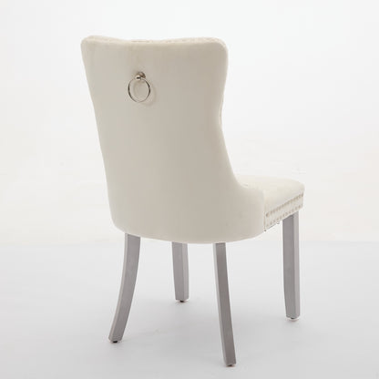 A&A Furniture, Nikki  Modern, High-end Tufted Solid Wood Contemporary Velvet Upholstered Dining Chair With Wood Legs Nailhead Trim 2-Pcs Set, Milky White
