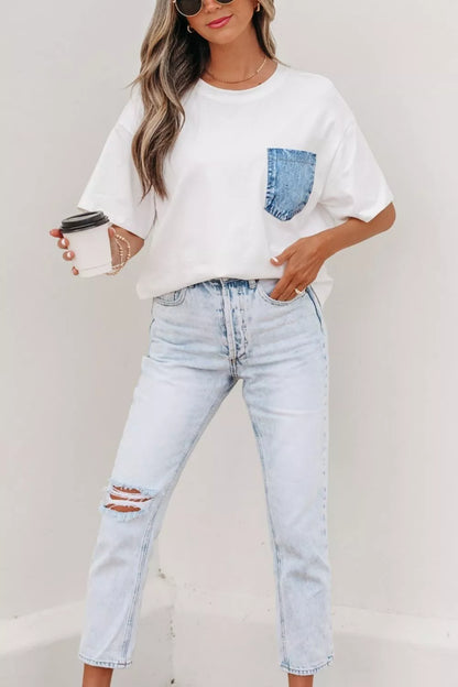 Color Block Chest Pocket Patched Casual Short Sleeve Top